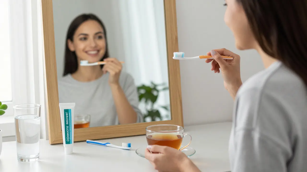 Žena v České republice se usmívá do zrcadla s bělící pastou a teplou čajem v ruce.