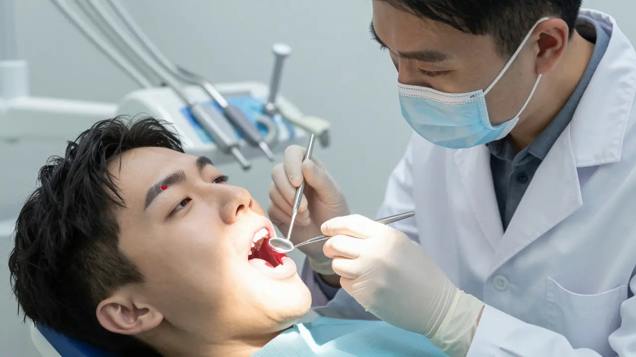 Zubní lékař prohlíží jazyk pacienta pomocí zrcátka a světla, zaměřen na červenou nepravidelnou skvrnu.