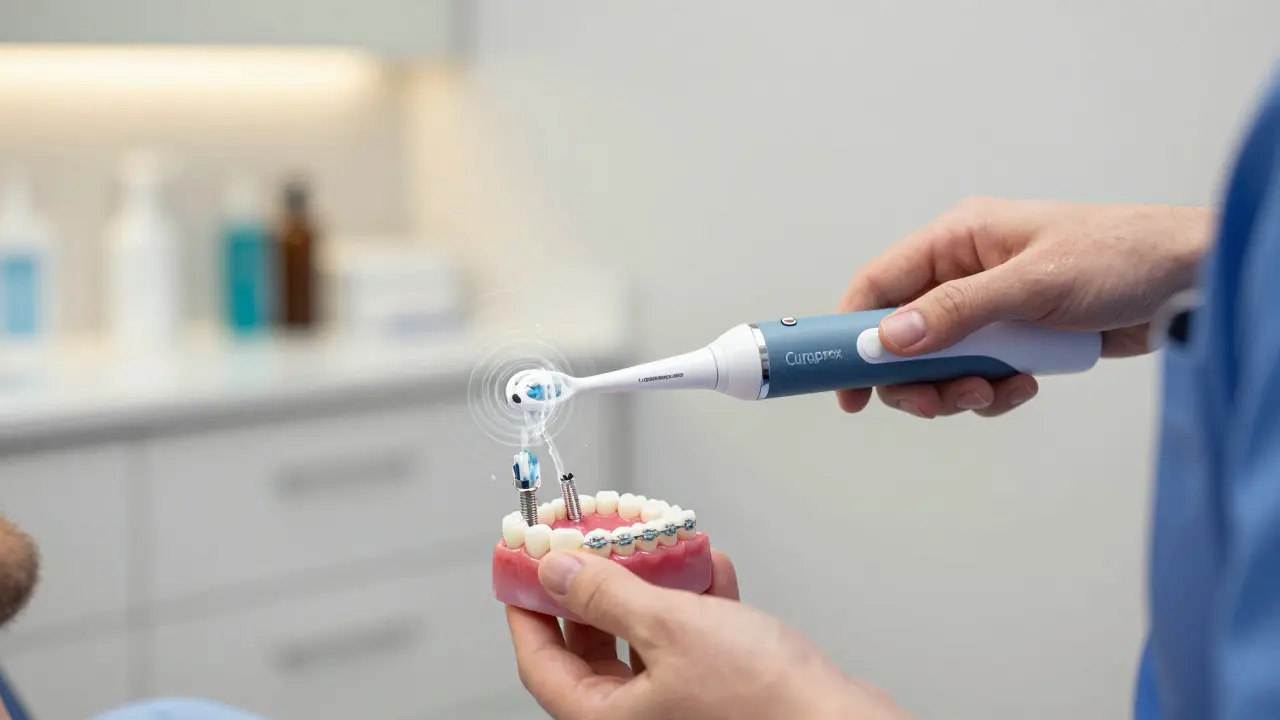 Zubní lékař ukazuje pacientovi správné čištění s Curaprox Hydrosonic