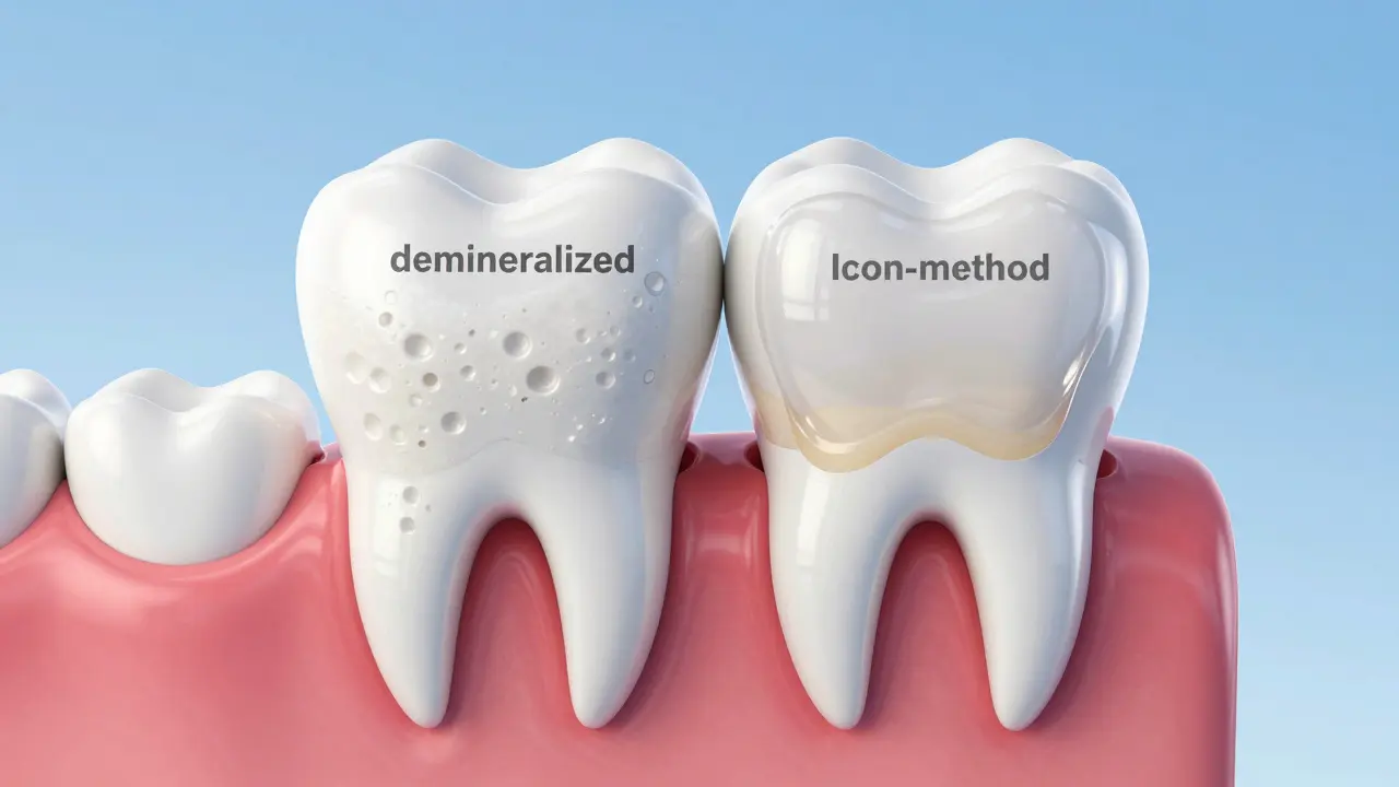 3D ilustrace procesu Icon-metody vyplňující póry v poškozené zubní sklovine.