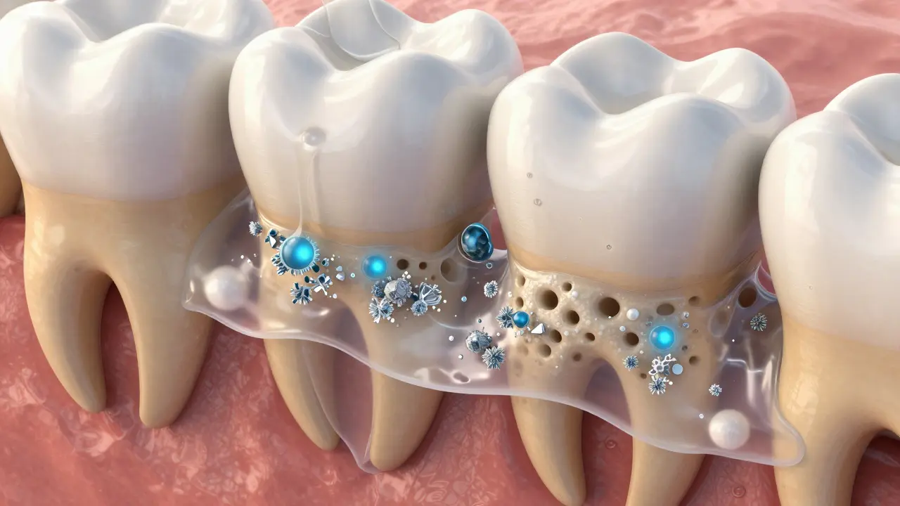 3D ilustrace procesu mineralizace zubního plaku na kámen.