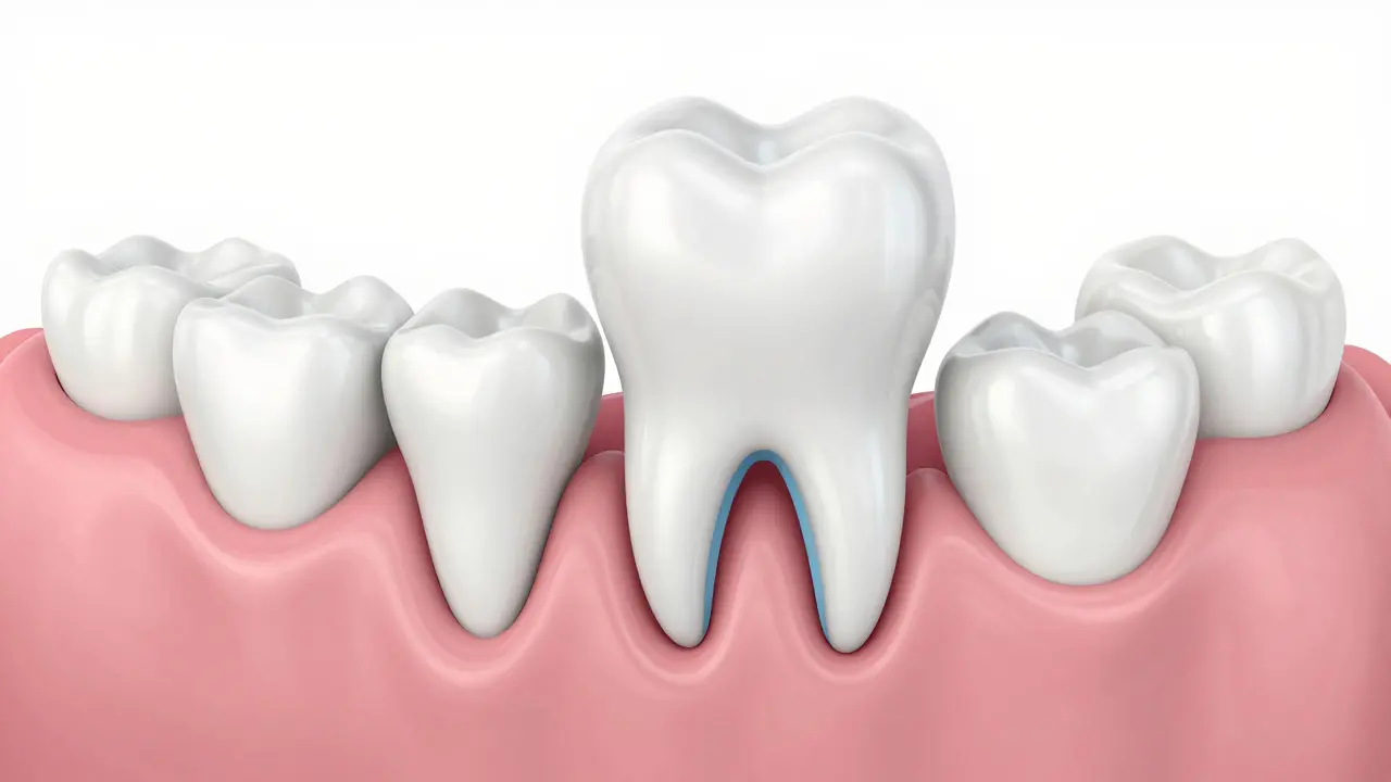 3D ilustrace procesu výměny mléčného zubu trvalým zubem v čelisti.