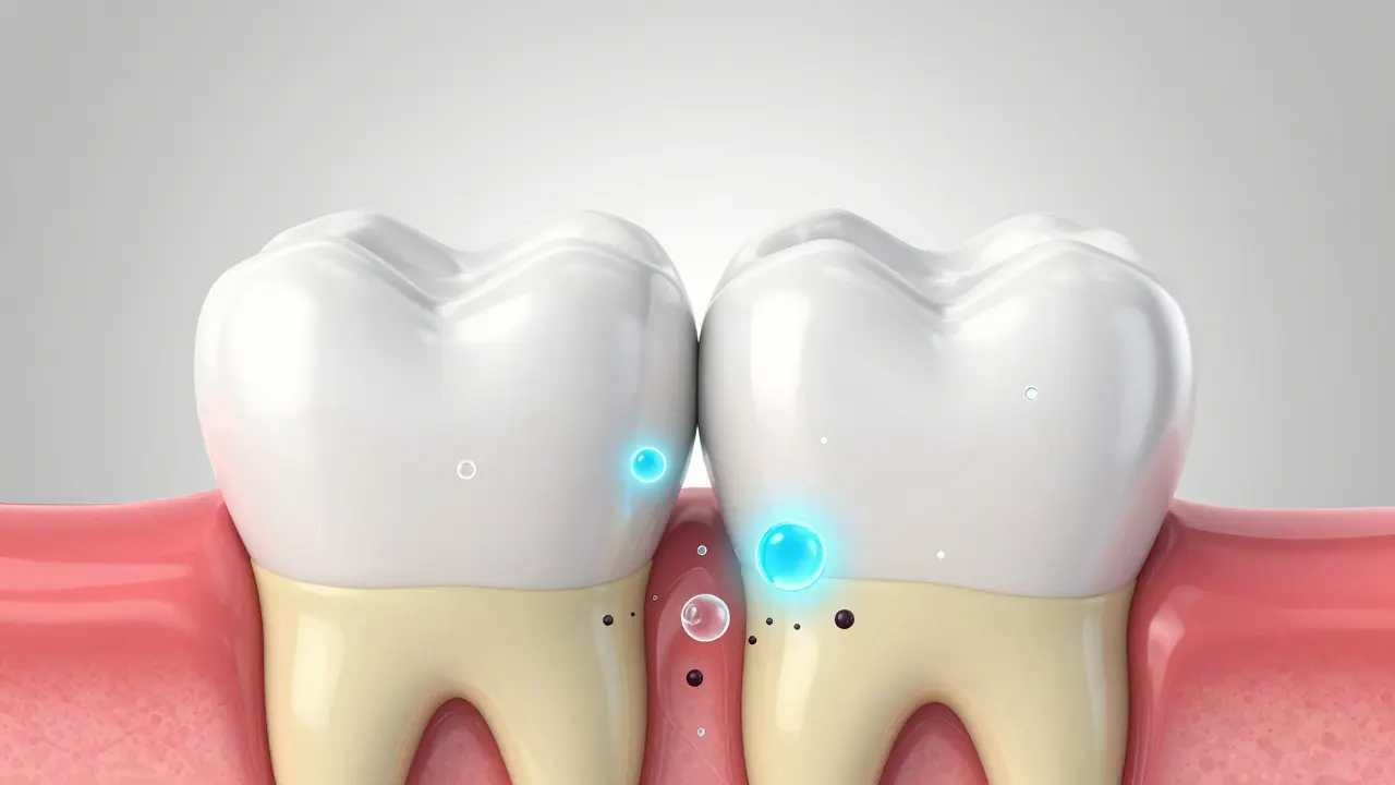 3D ilustrace průřezu zubem znázornující působení bělících látek v dentinu.