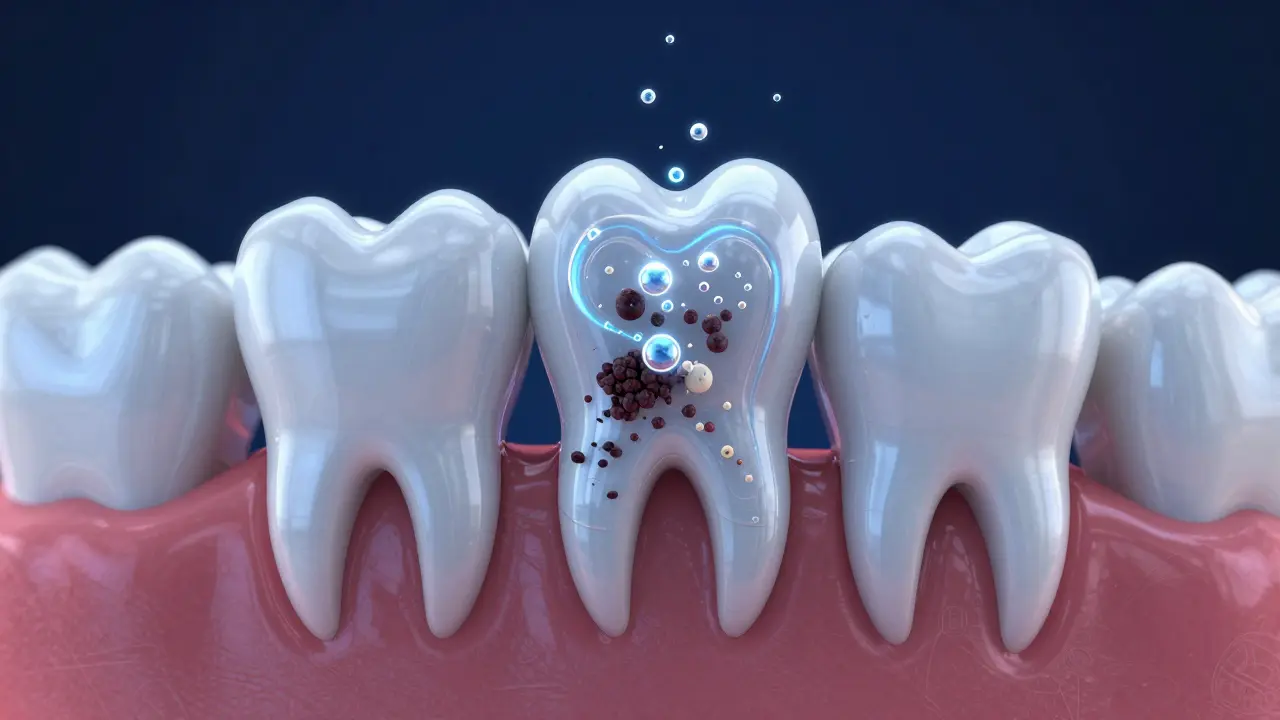 3D vizualizace peroxidu vodíku, jak rozkládá pigmenty v zubní sklovině.