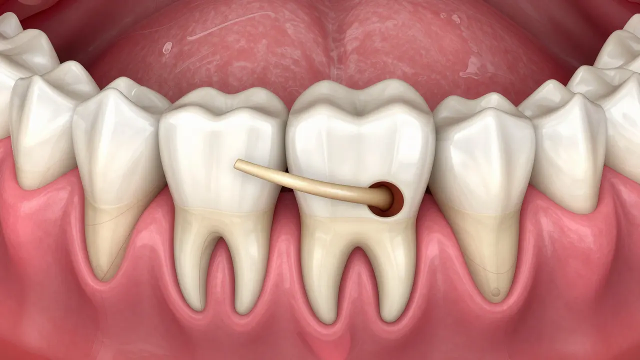 Anatomická 3D ilustrace zapadlého zubu moudrosti v čelistní kosti.