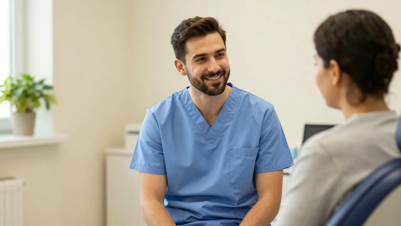 Chirurg se poradí s pacientem v lékařské ordinaci.