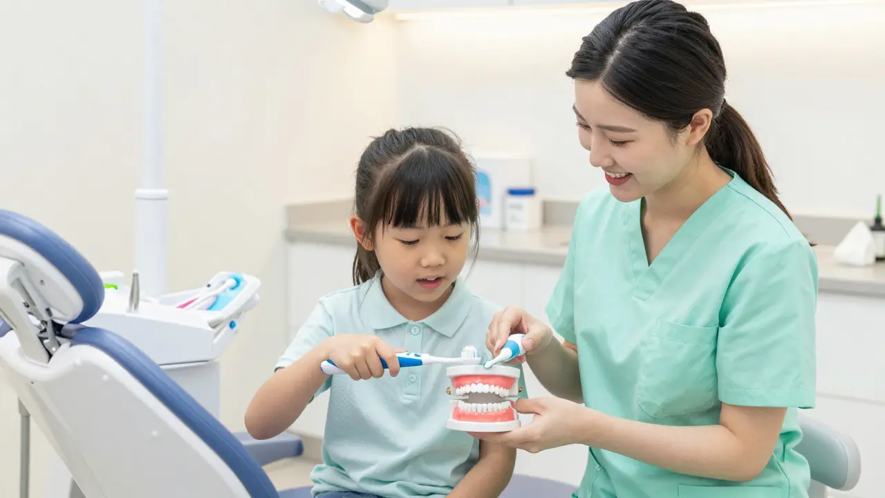 Dentální hygienička učí dítě správnému čištění zubů na modelu.