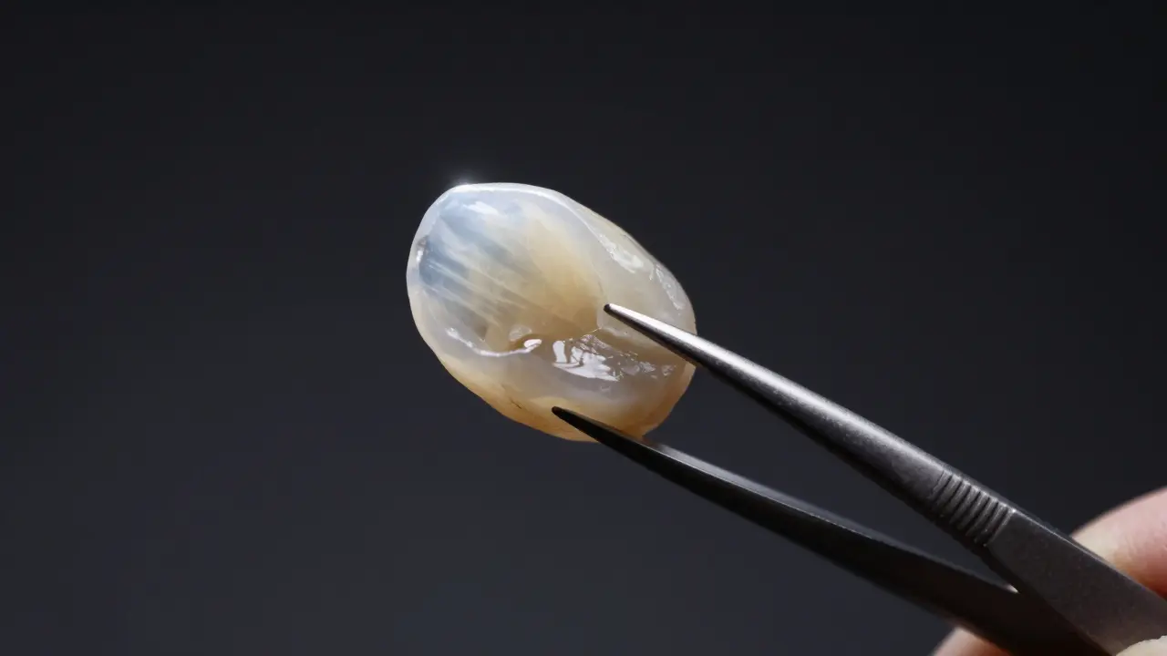 Detail keramické fazety s jemným leskem a přirozenou průsvitností.