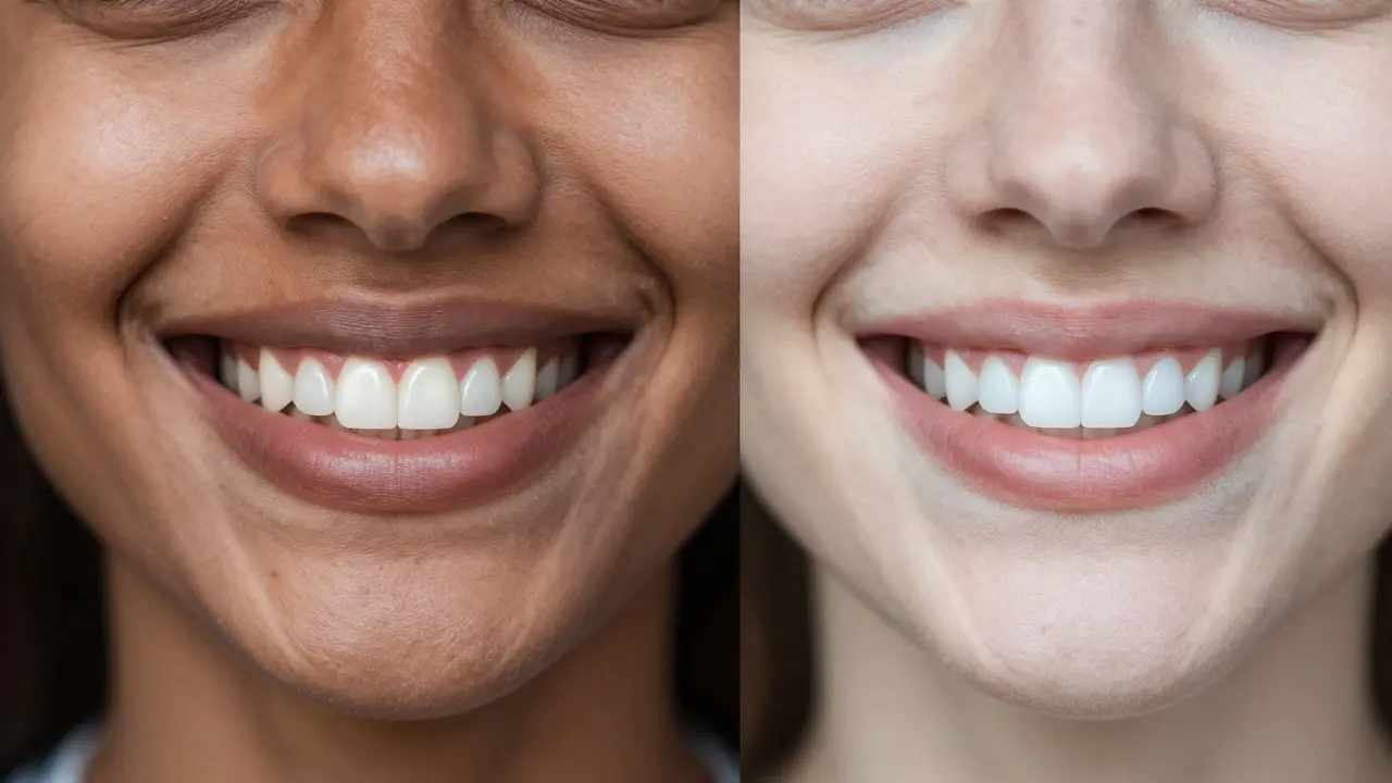 Detail úsměvuů u různých typů pleti pro ukázku harmonie mezi barvou zubů a tónem pokožky.