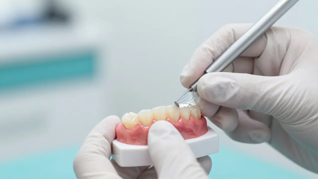 Detail zkoušky dočasné facetky mock-up v moderní zubní ordinaci.