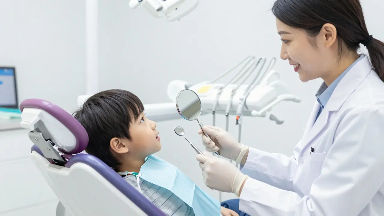 Dítě u zubaře při pravidelné preventivní kontrole vývoje zubů.