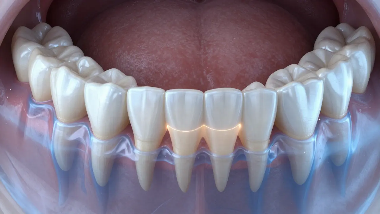 Ilustrace ustupujících dásní u seniora a citlivosti odhalených zubních krčků.