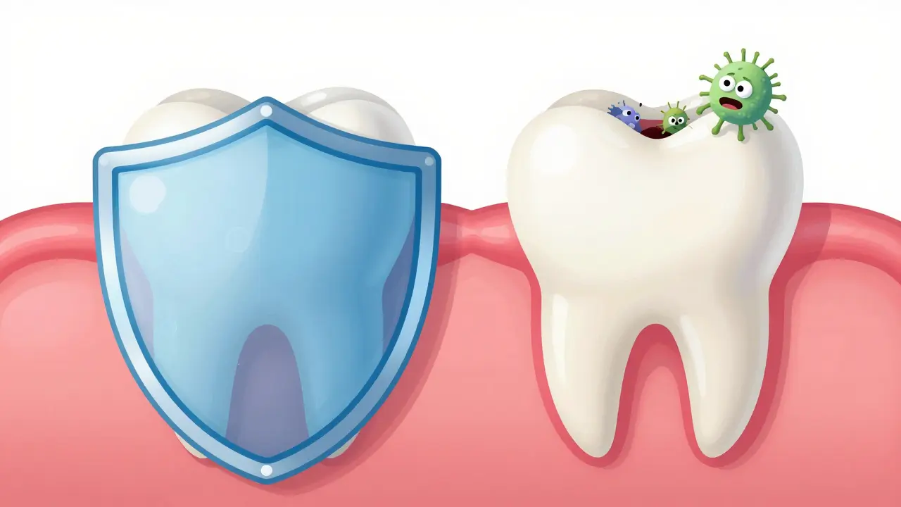 Ilustrace zdravého dětského zubu chráněného fluorem proti bakteriím.