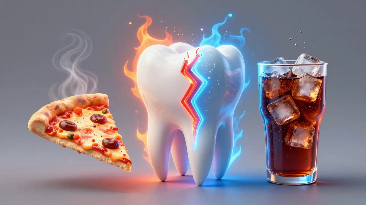 Konceptuální ilustrace termálního šoku u zubu s kontrastem horka a chladu.