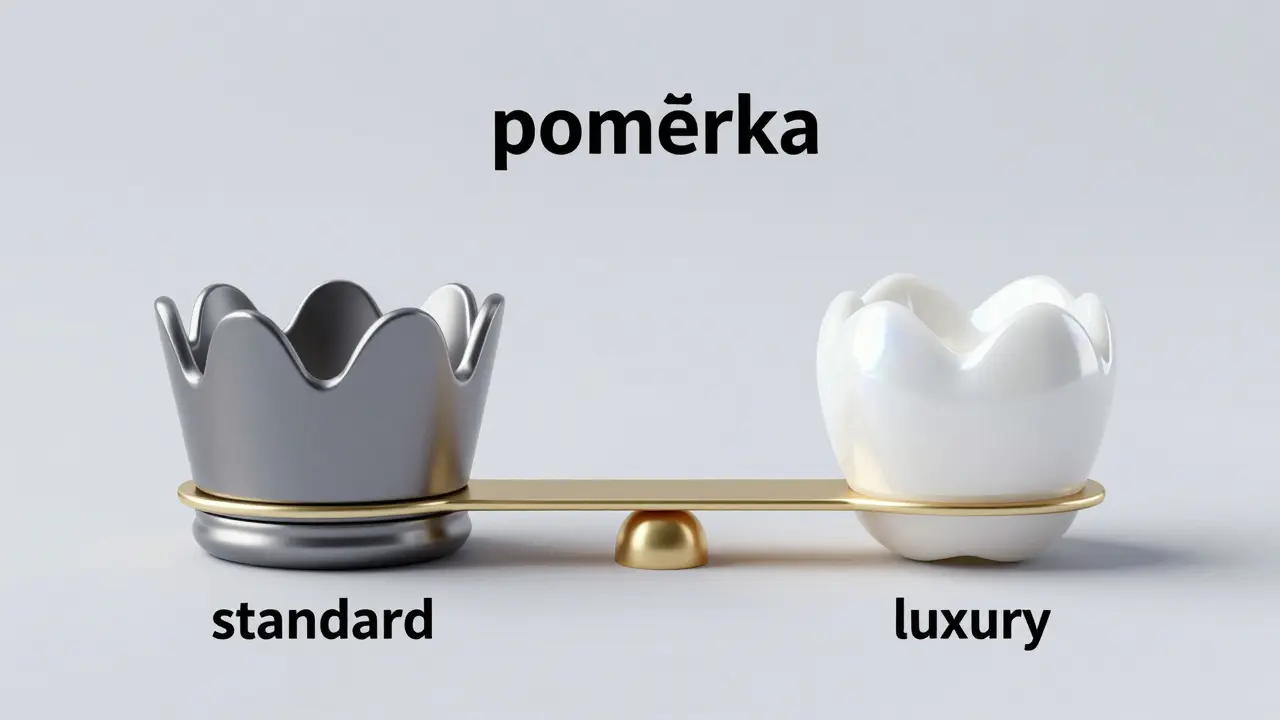 Konceptuální srovnání kovové a zirkonové korunky znázornující doplatek.