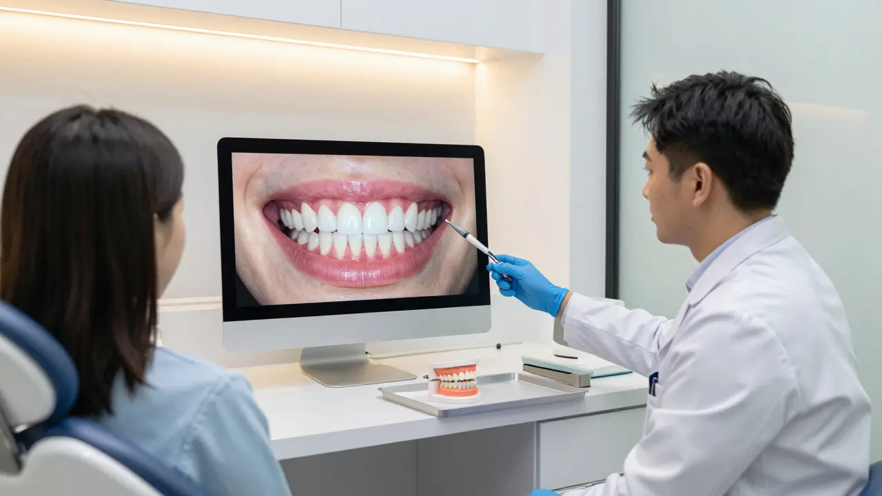 Konzultace v moderní zubní ordinaci s digitálním plánováním úsměvu.