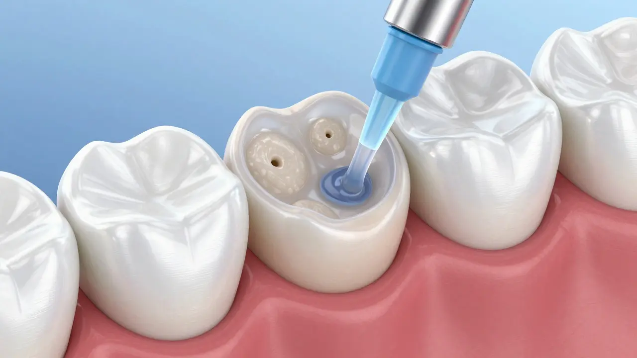 Kresba v przekroji znazornující chemické spojení fazety s povrchem zubní skloviny.