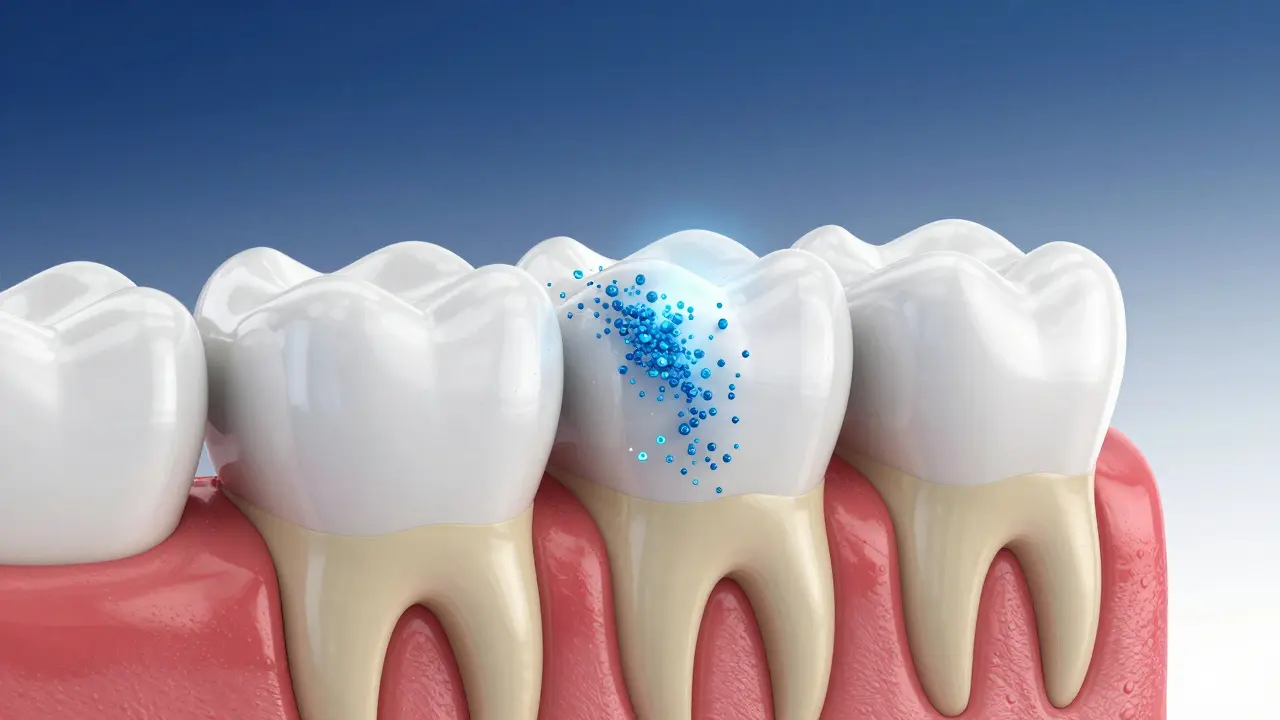 Kresba znázornující pronikání bělícího gelu skrz sklovinu do dentinu zubu.