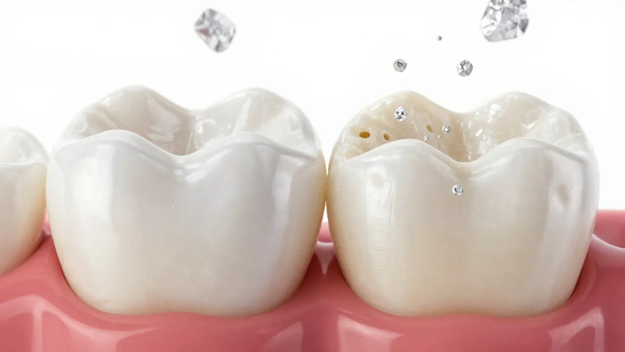 Makro detail zubu znázornující proces remineralizace skloviny pomocí minerálů.