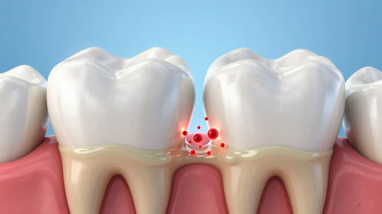 Medicínská 3D ilustrace plaku a vzniku mezizubního kazu mezi dvěma zuby.