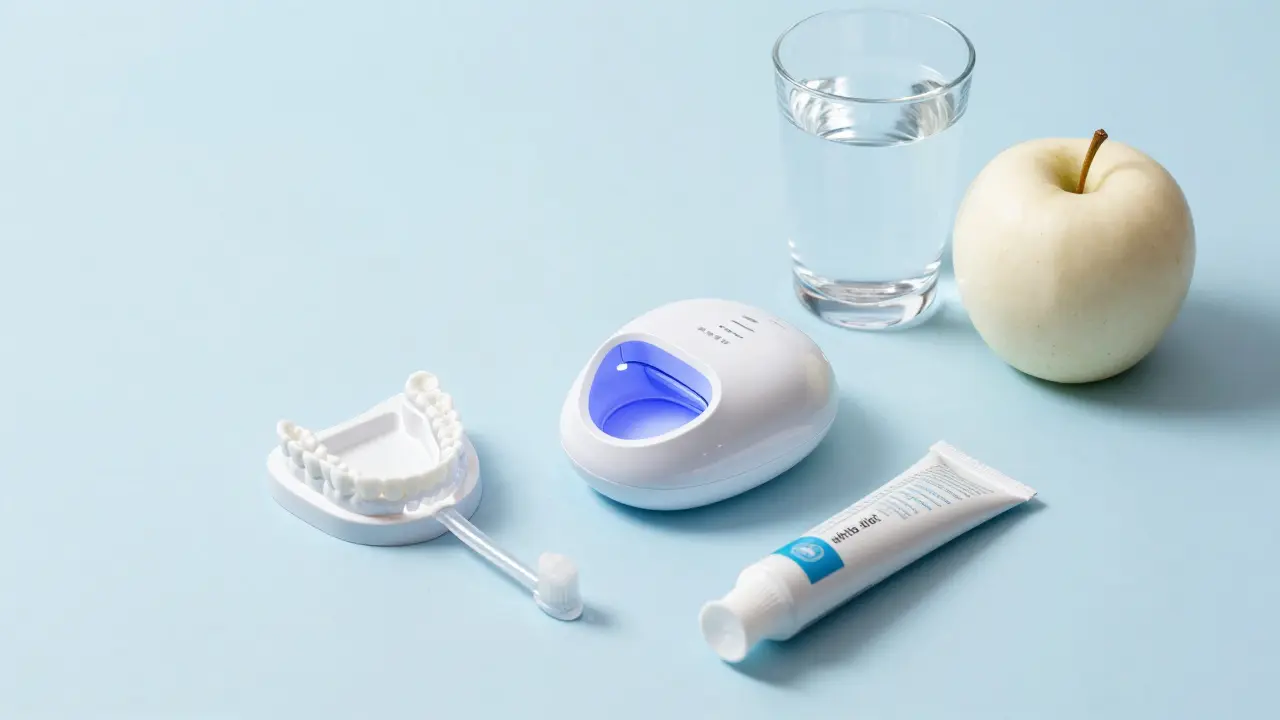 Moderní sada na bělení zubů s LED žárním a bělícím gelem na světlém pozadí.