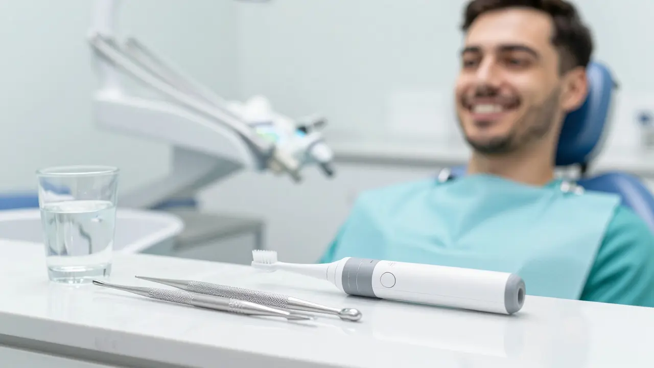 Moderní zubní klinika s sonickou kartáčkem a pacientem s krásným úsměvem.