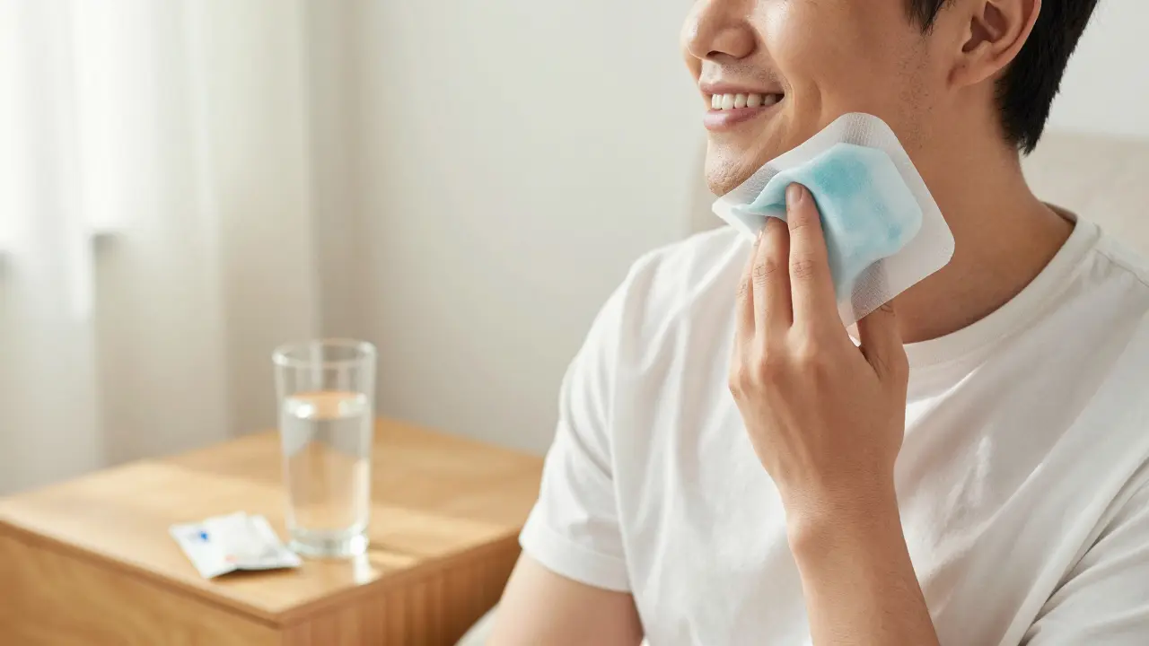 Osoba s ledovým obkladem na tváři během domácí rekonvalescence po zubaři.