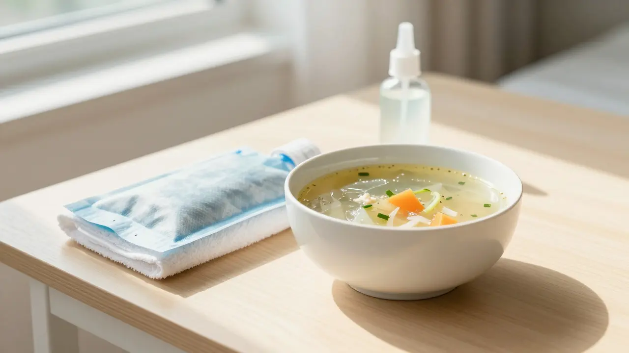 Pacient používá ledový obklad na zmírnění otoků po operaci.