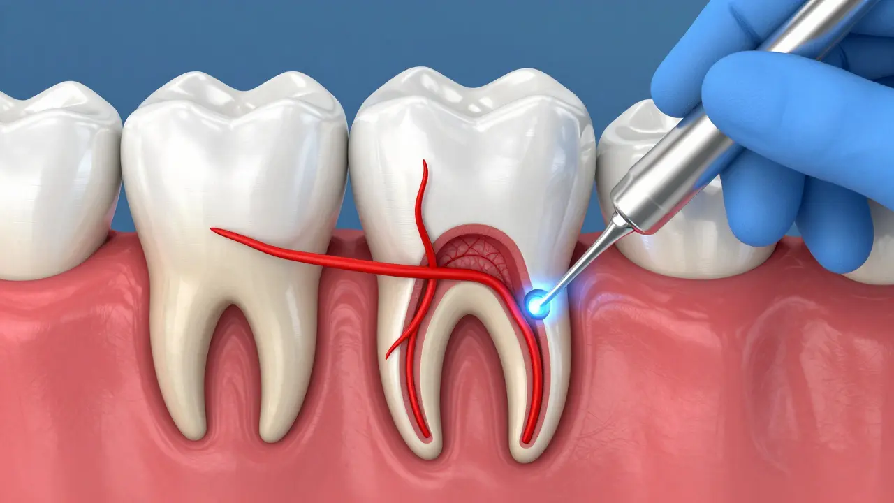 Průřez zubu znázorňující endodontickou léčbu kanálků.