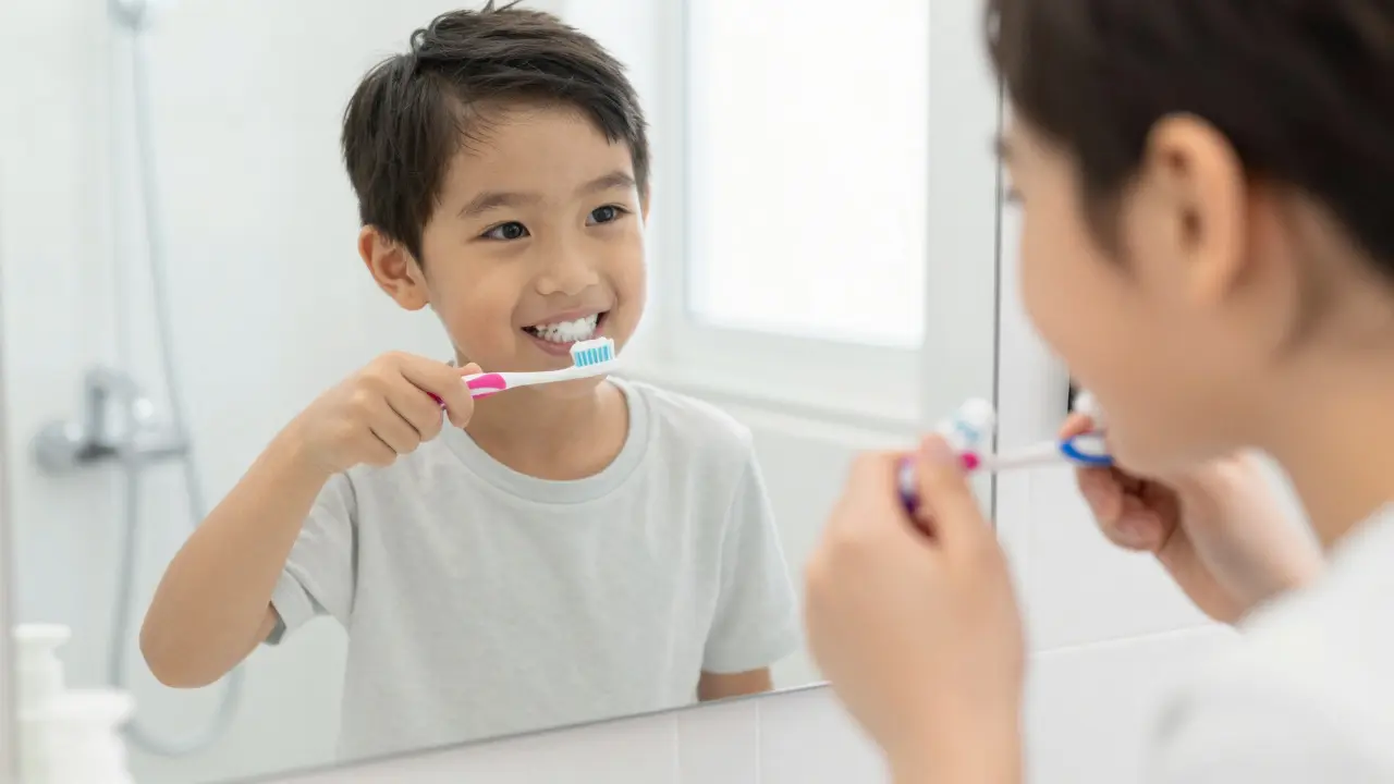 Rodič pomáhá šestiletému dítěti s čištěním zubů před zrcadlem v koupelně.