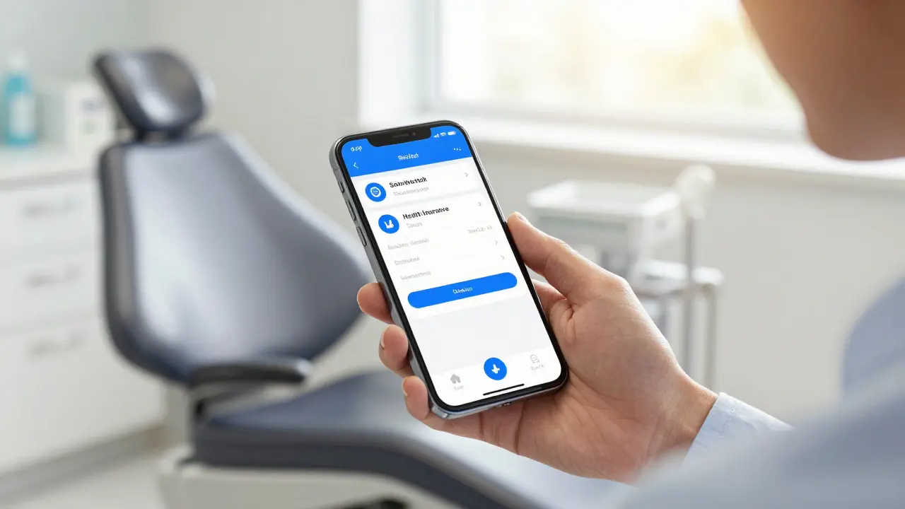 Ruka s chytrým telefonem v zubní ordinaci při podávání žádosti o proplacení.