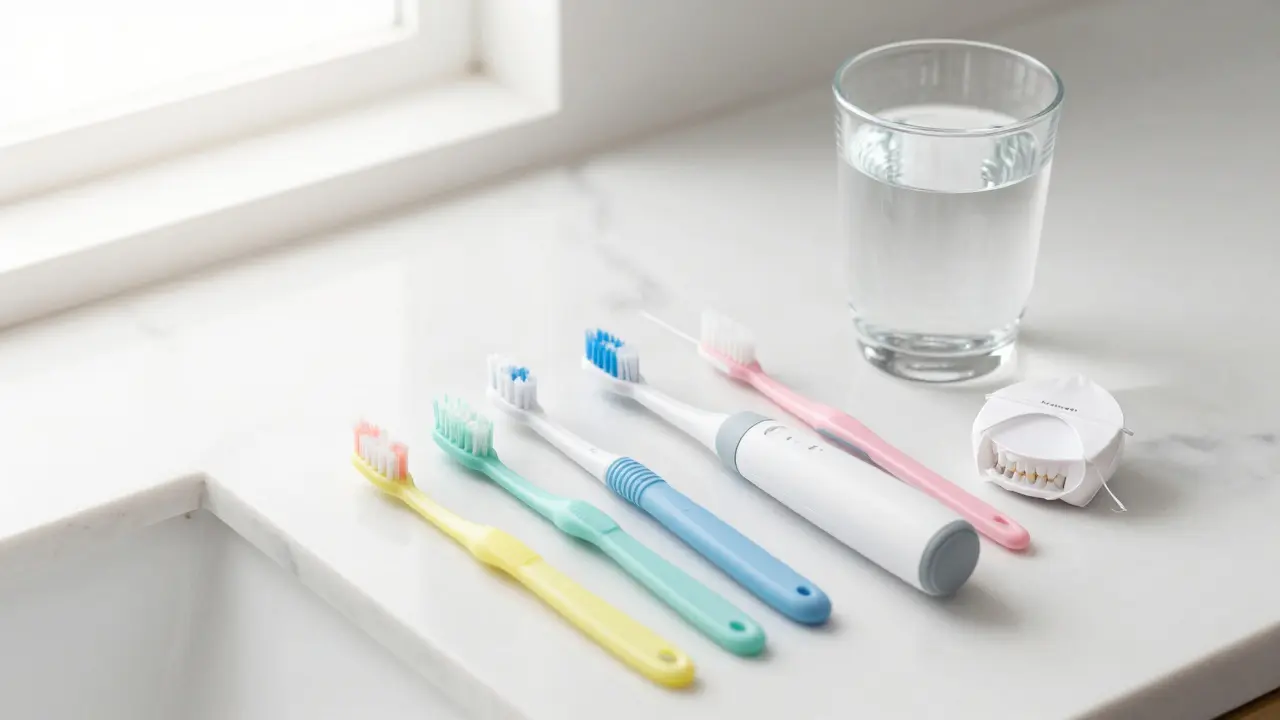 Sada pro domácí hygienu zubů včetně sonického kartáče a mežizubních kartáčků.