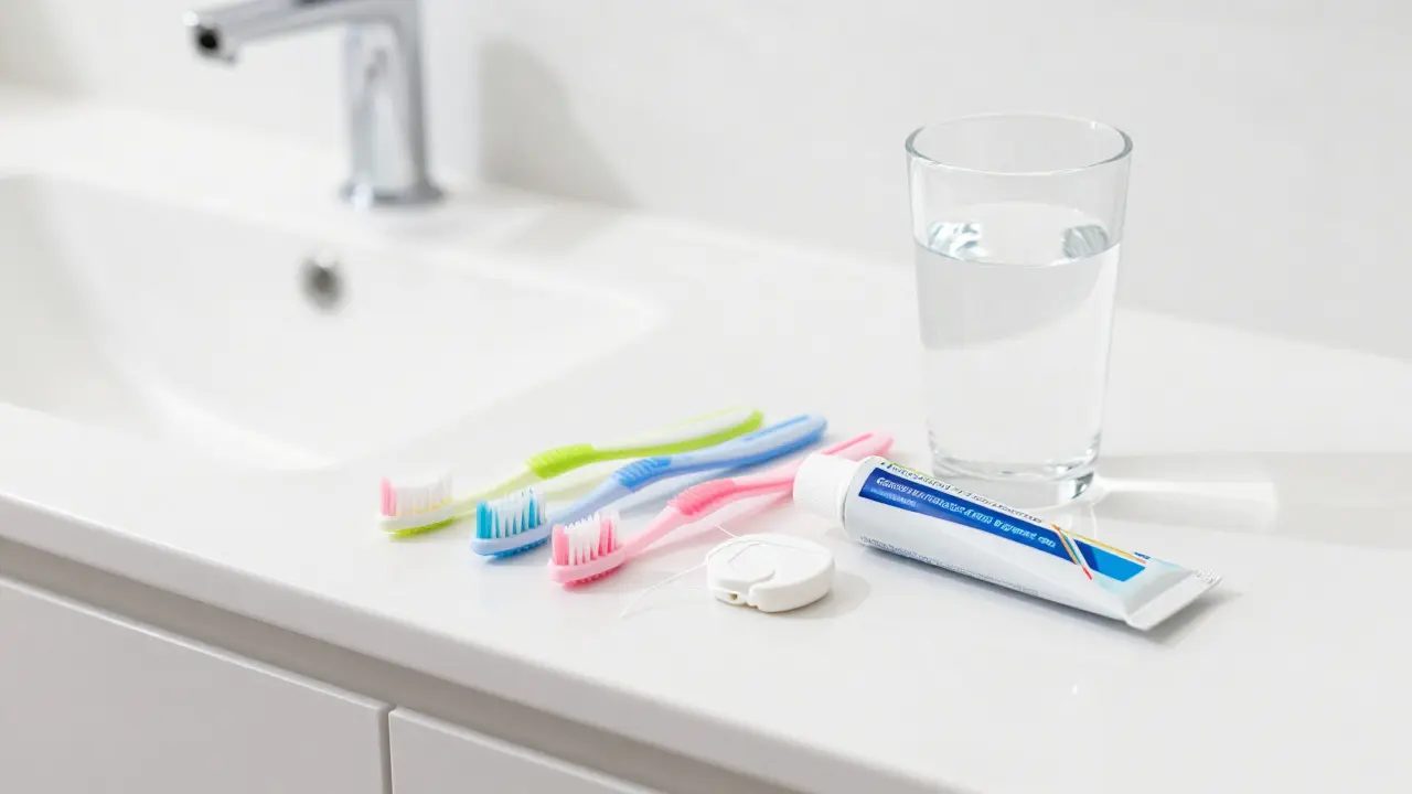 Sada pro mezizubní hygienu včetně kartáčků, nitě a sklenice vody na koupelnovém stole.