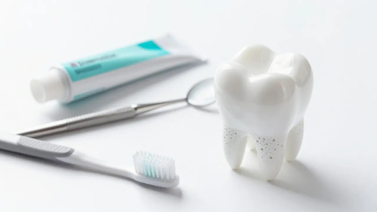 Sada pro remineralizaci zubů a symbol ochranné bariéry na povrchu zubu.