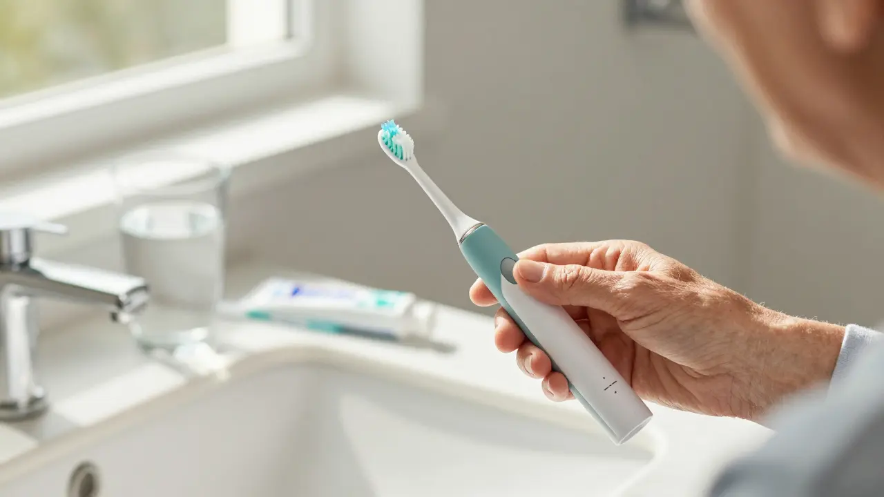 Senior připravující hygienickou péči s elektrickým kartáčkem a fluoridovou pastou.