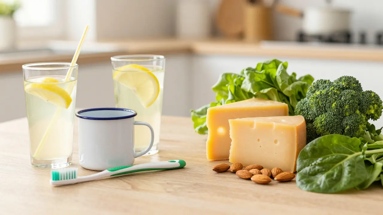 Srovnání potravin a předmětů, které zubní sklovinu poškozují a těch, které ji posilují.