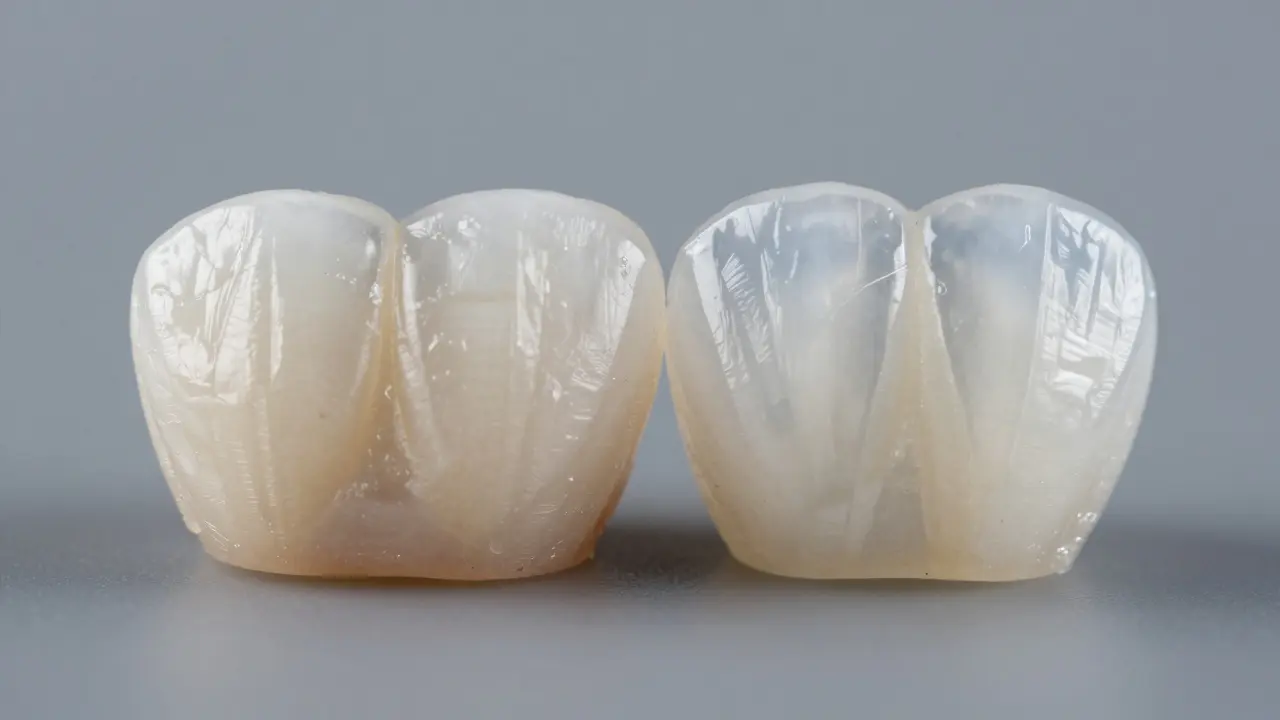 Srovnání textury kompozitní a porcelánové plástývky na zubech.