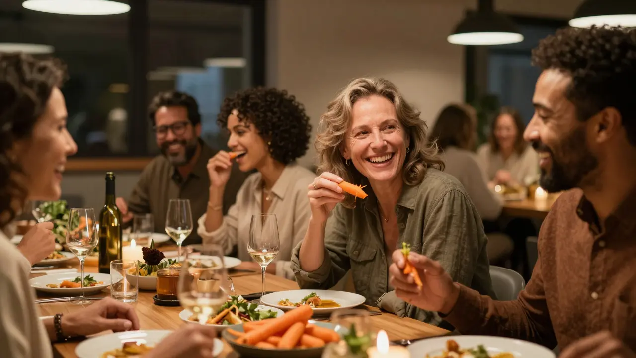Šťastní lidé u společné večeře v restauraci, kde si užívají jídlo.