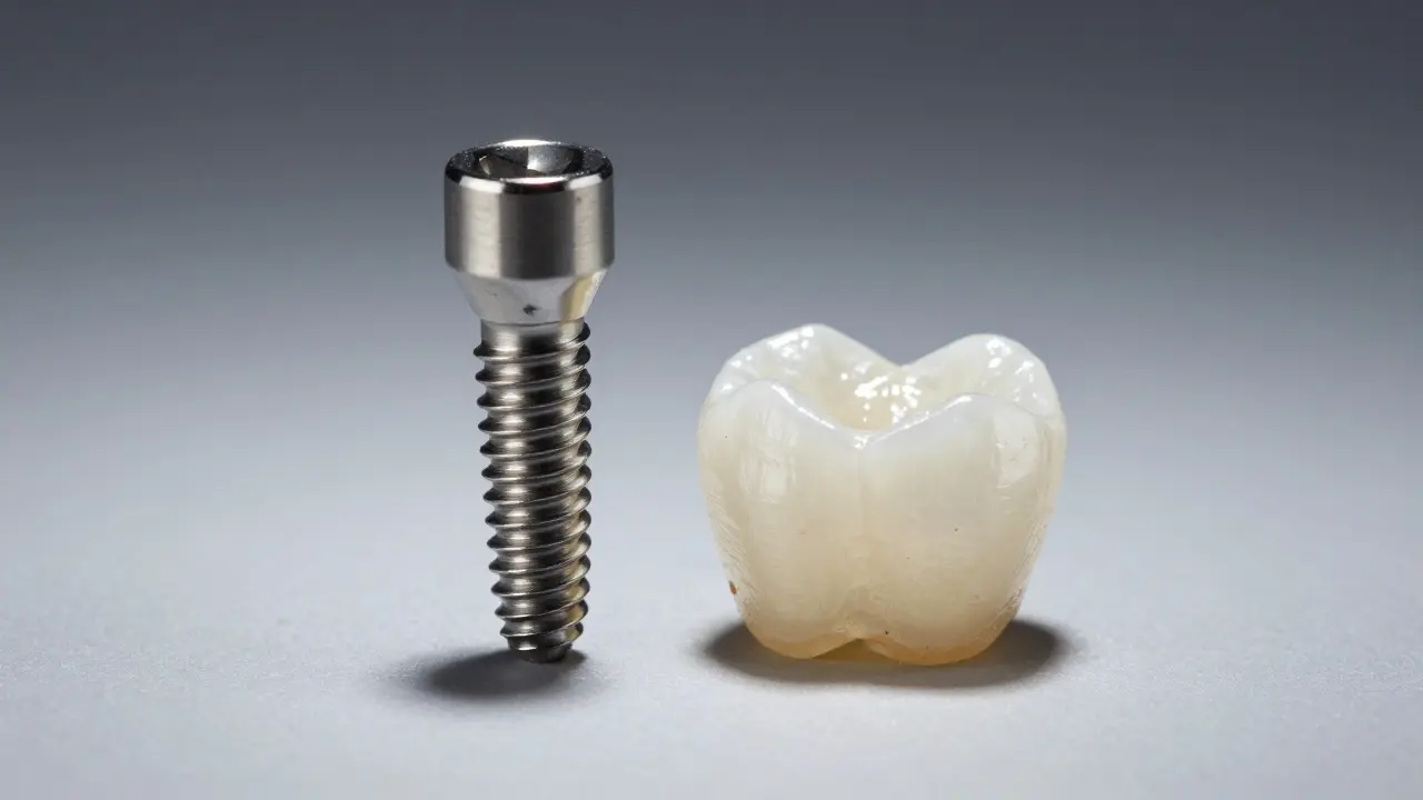 Titanový zubní implantát a keramická korunka.