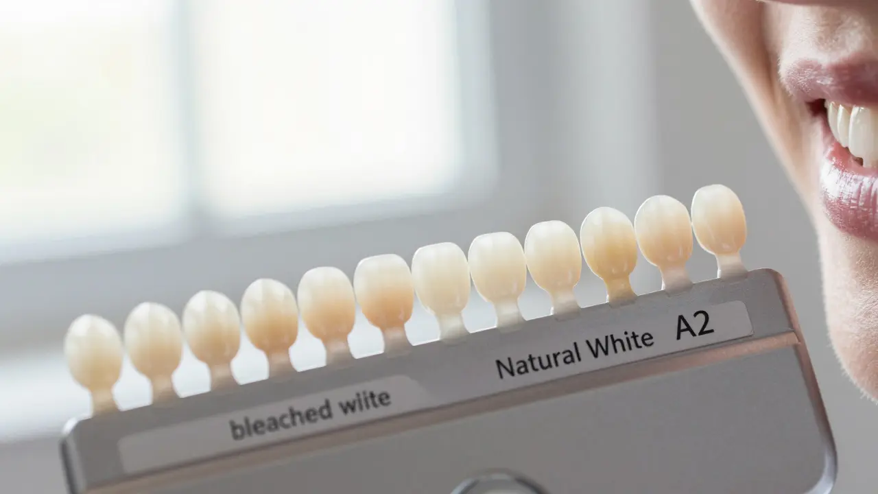 Výběr přirozeného odstínu zubů pomocí barevné palety za denního světla.
