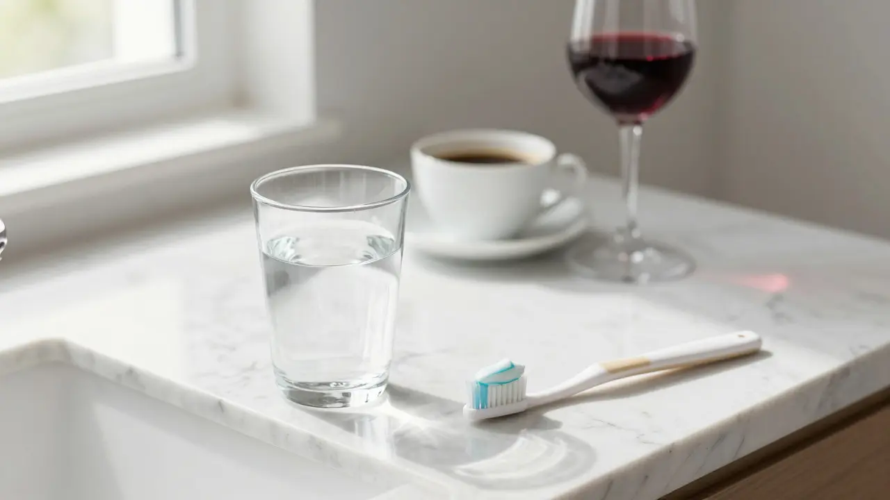 Zdravé návyky pro udržení bílých zubů na mramorovém pultu