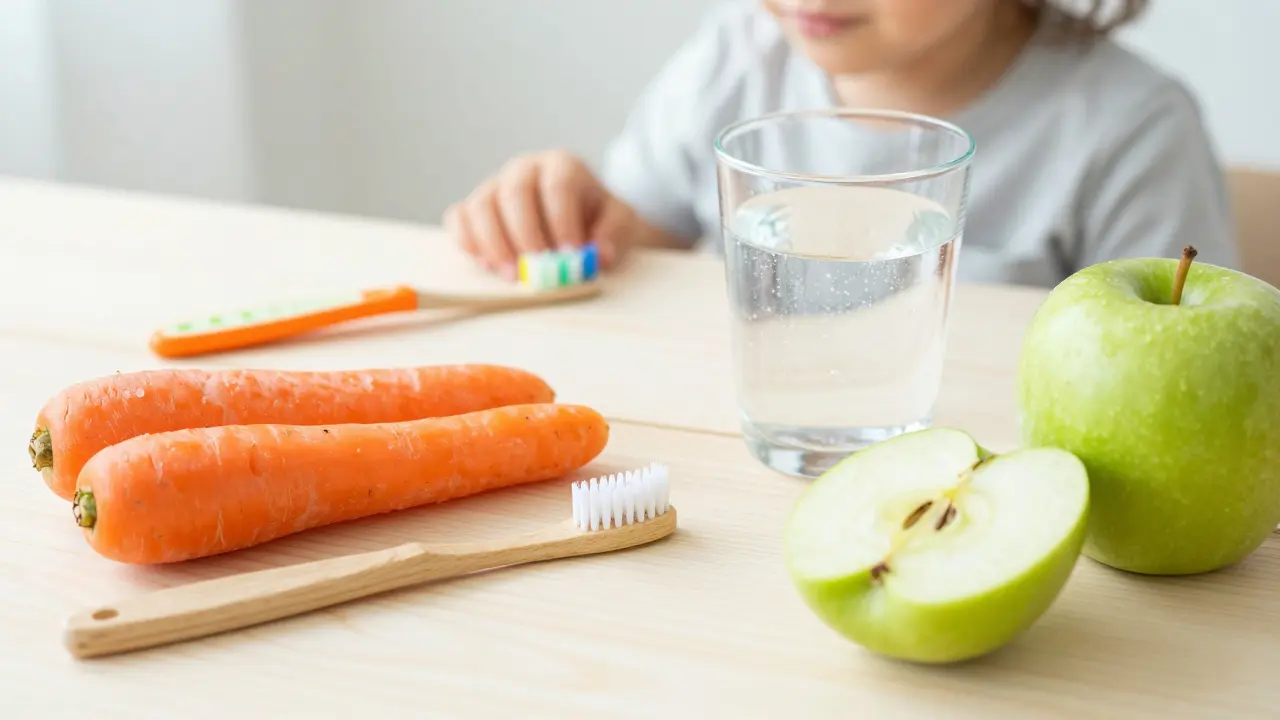 Zdravé potraviny jako mrkev a jablka pro prevenci zubního kamene u dětí.