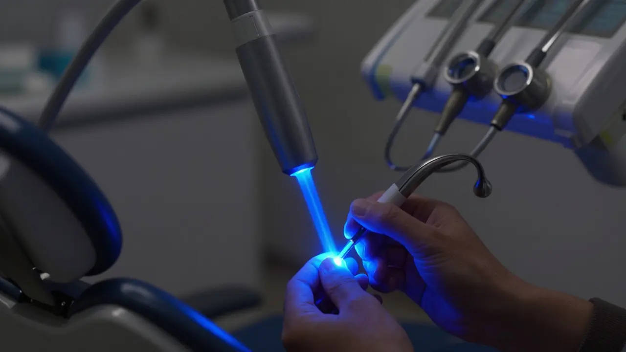 Zubařské modré světlo ztvrdlující kompozitní cement při lepení korunky.