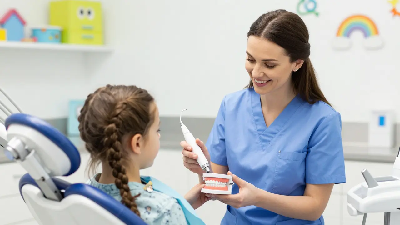 Zubní hygienistka vysvětlující postup čištění zubů dítěti.