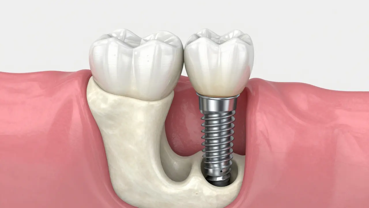 3D ilustrace dentálního implantátu integrovaného do čelistní kosti