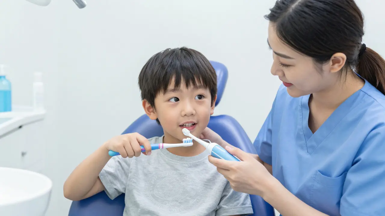 Dentální hygienička učí dítě správné technice čištění zubů elektrickou kartáčkem v ordinaci.