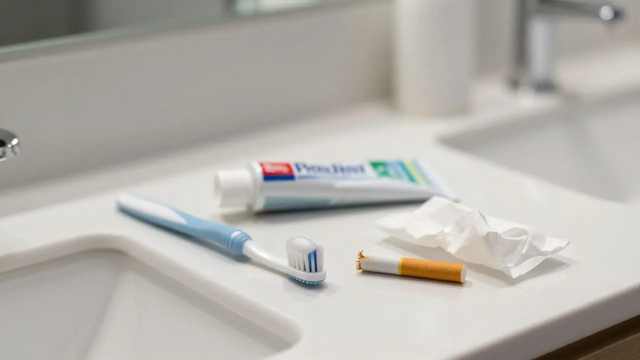 Hygienické pomůcky pro péči o implantáty vedle popelku