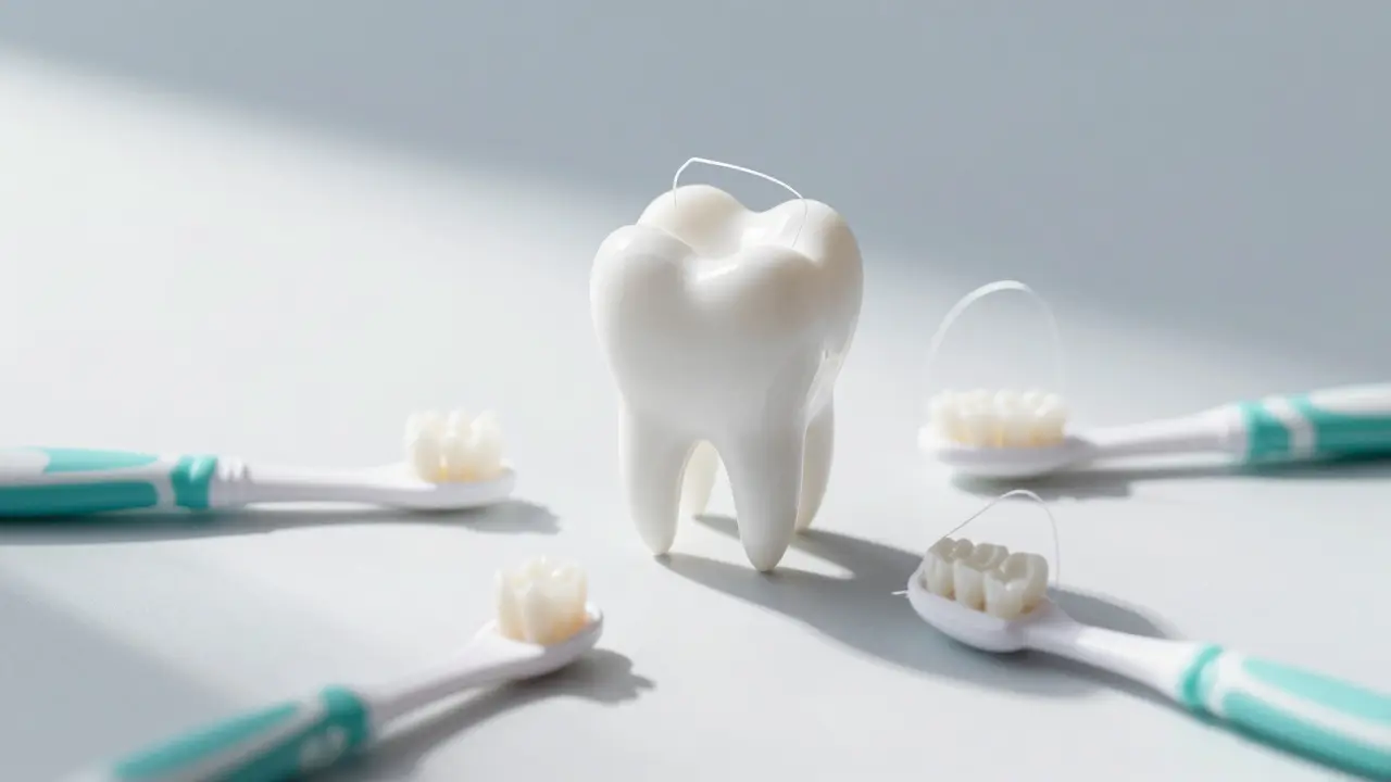Interdentální kartáčky a nitě vedle zdravého zubu pro správnou hygienu