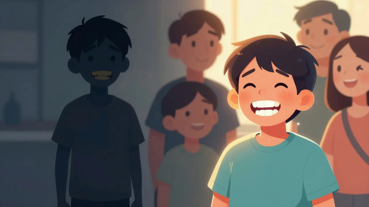 Konceptuální ilustrace ukazující přechod dítěte od studu k sebevědomému úsměvu po ošetření.