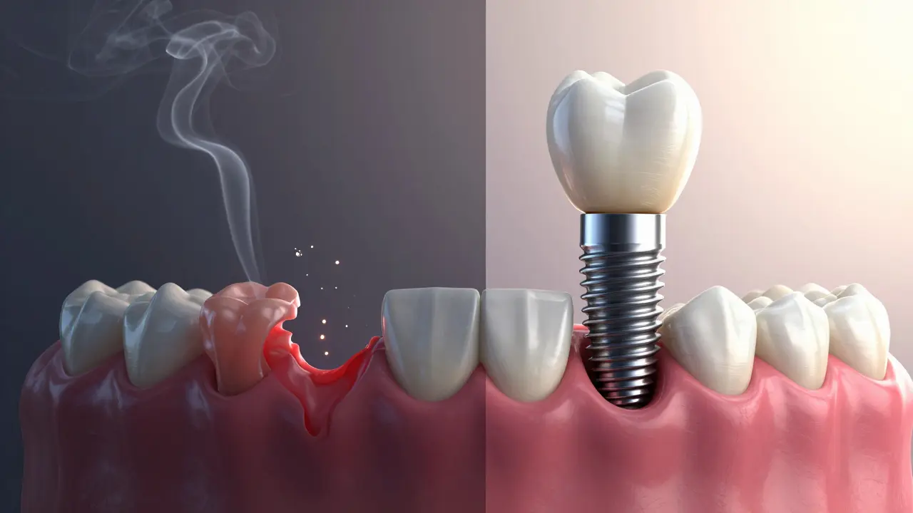 Konceptuální porovnání zdravého zahojeného implantátu a ohroženého stavu způsobeného kouřením.